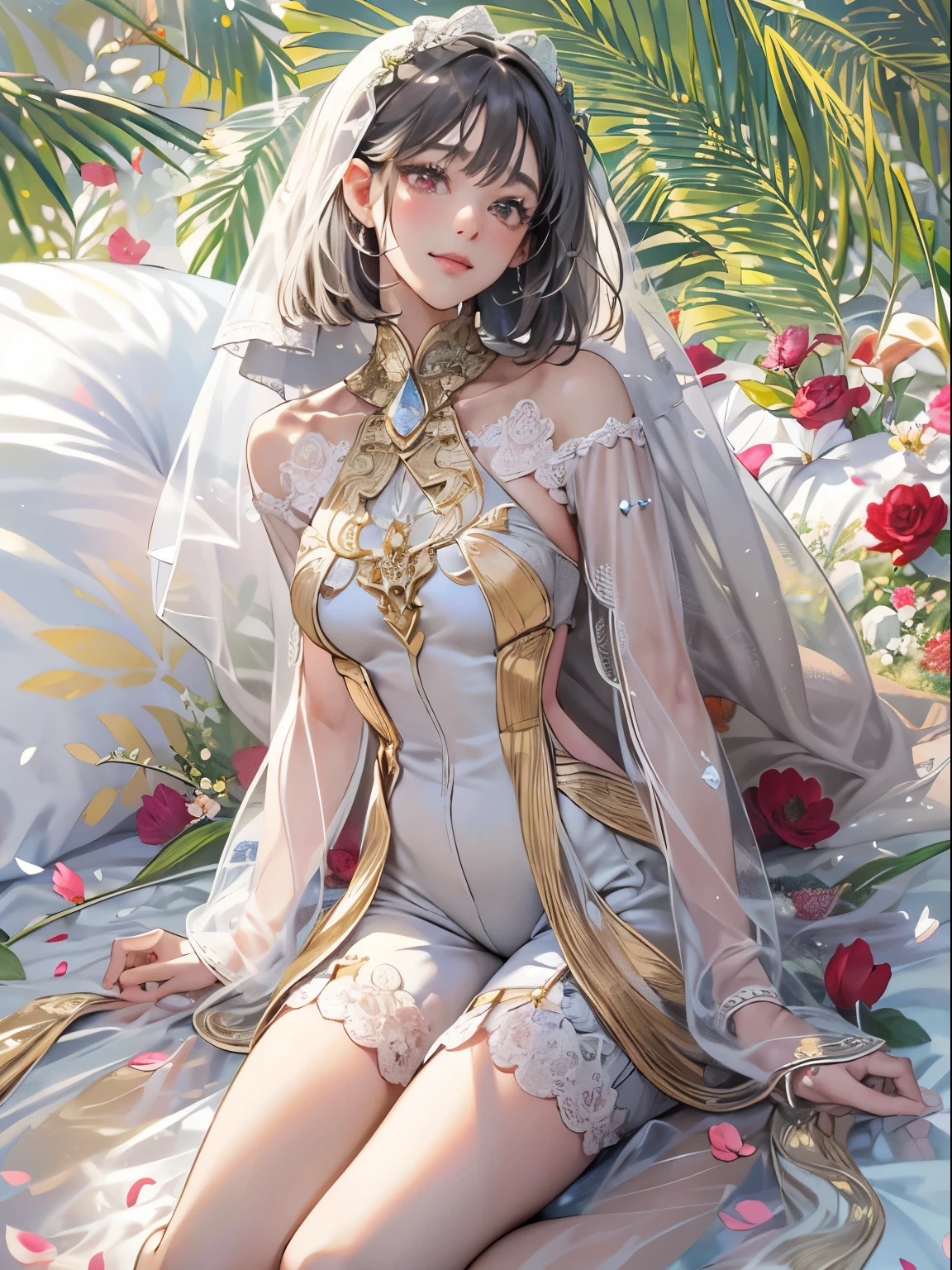 （enrich the image，Masterpiece quality）Beautiful 8K CG artwork，Goddess-like posture，Kneeling exercise，スリムでsoft,(transparent skin,Platinum Brand,bob cut,The skin is fair and juicy:1.3),Outlook part 1.2x enhanced silhouette effect,(white shorts,black knee high boots,Gold thread edging,Loose and obliquely lowered belt,Open tube top with back,The details are intricate and exquisite:1.1),the background is a little blurry,In flowering meadows,Temptation of attractive and voracious feet，drooling,Clothes that show body lines,blush,open your legs wide,attract,Platinum Brand,red eyes,wheezing,Trance,Breasts porori,soft,- Rubbed violently from behind,See through,Plug-ins,innocent smile,Dagger in hand,desert oasis,Marry the King of the Desert,Delicate veil of white lace,canopy bed,squirt,