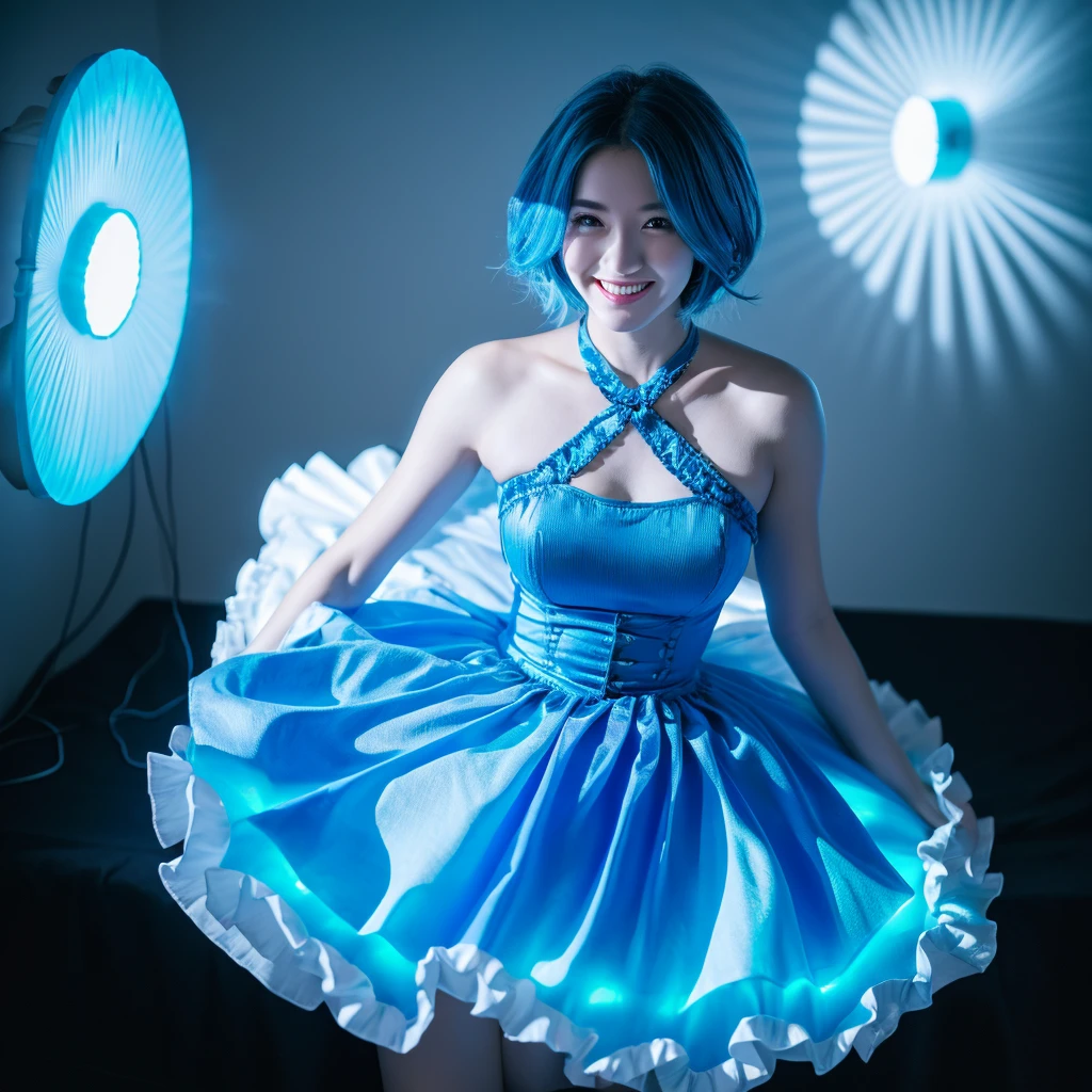 highly be familiar with, 8K, masterpiece, 1 girl, Blue Frill_hair_tube, dress, bend_that's all , grin, (perfection_face), sitting, machine, Brilliant, Complex, dramatic lighting, 4K, be familiar with_background, caustics, full_body, (surreal:1.3), bloom,(beautiful lighting:1.3), caustics, dynamic lighting, beautiful lighting,