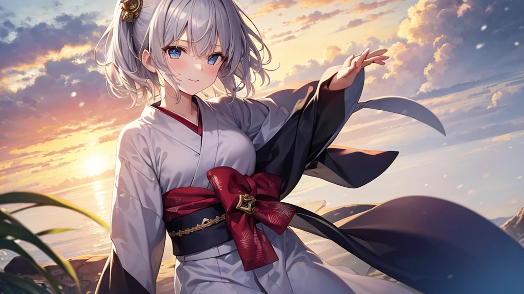 super high quality, with a girl, 20-year-old, very short hair, long bangs between the eyes, pale blue eyes , blue sky, sunlight, very detailed,(masterpiece、highest quality)、alone、gray hair、laughter、White skin as clear as snow、fantasy, silver hair, black eye, beautiful eyes,, ecstasy, charm, be smitten with audience, fantasyな風景、Yukata