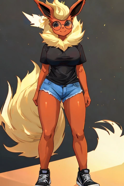 ((Flareon)), anthropomorphic, big boobs, big ass, pokemorph, (((1girl))), (((black t-shirt))), (denim short shorts), (black sneakers), sexy, slender, red skin, (round glasses), long legs, smiling