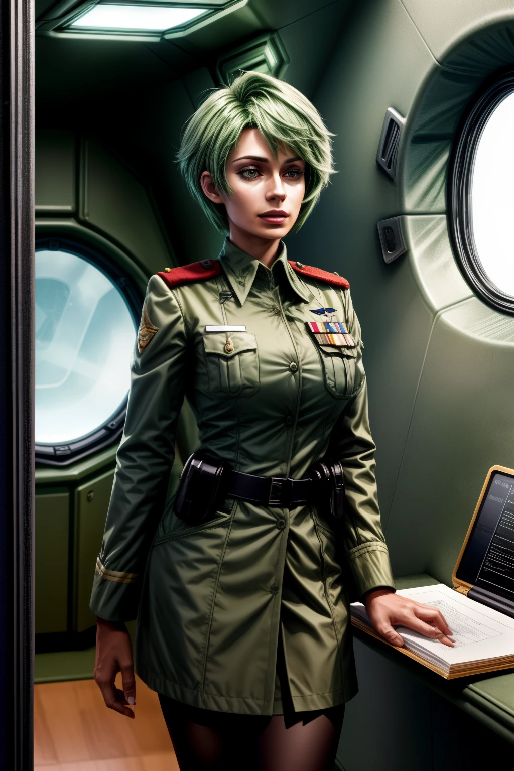 Frederica Greenhill, 25 years old, shortcut, green hair, lieutenant's uniform, Have a clipboard, talking on intercom, Inside the spaceship