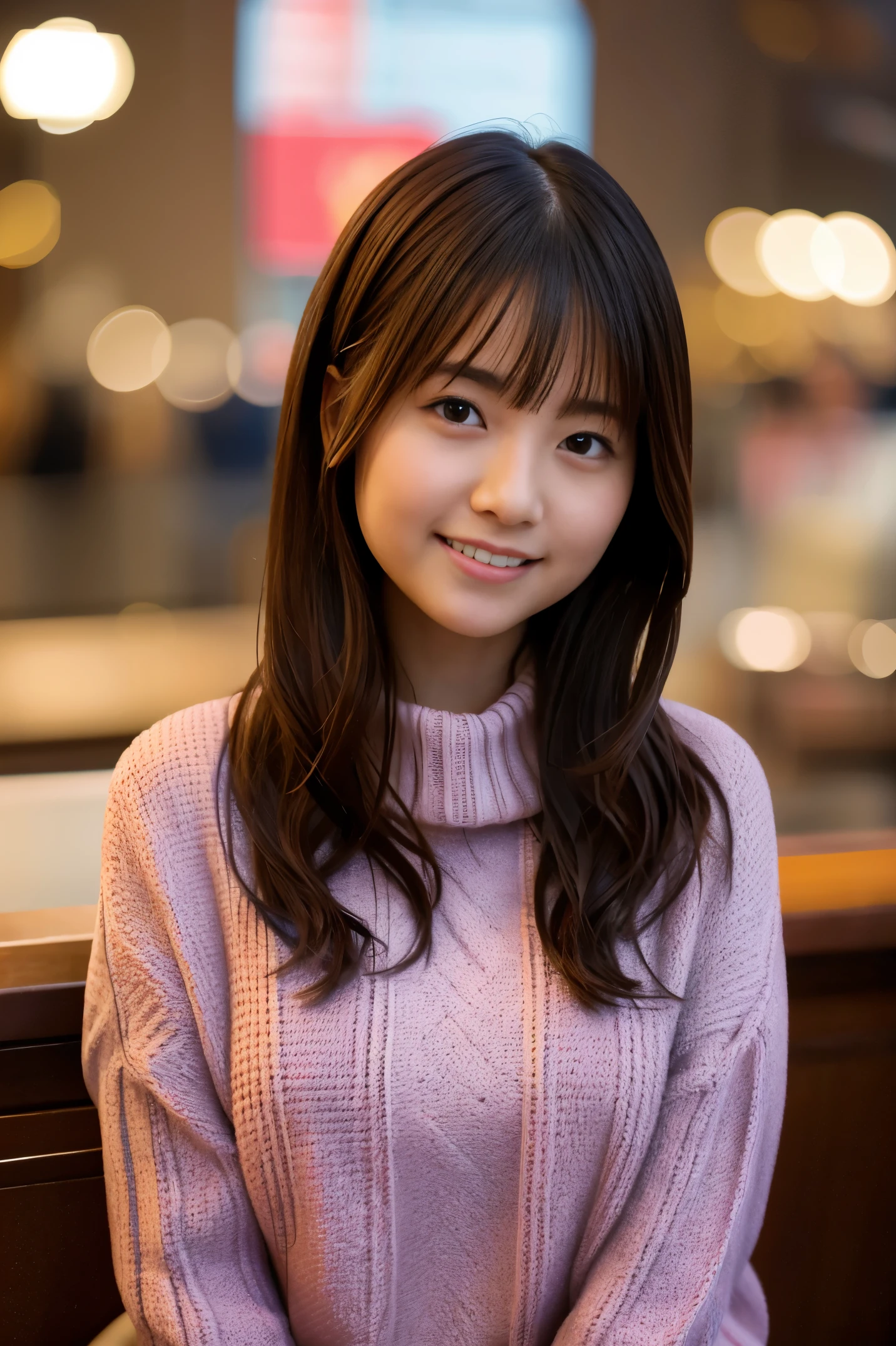 (8K), (highest quality: 1.2), (realistic), (realistic: 1.37), ultra high resolution, 1 girl, cute, smile, closed mouth, beautiful details, beautiful nose, whole body, wet hair, giant dulcefo, pork meat, thighs、winter coordination、winter sweater、Fluffy muffler、セクシーなsmile、足湯、温泉