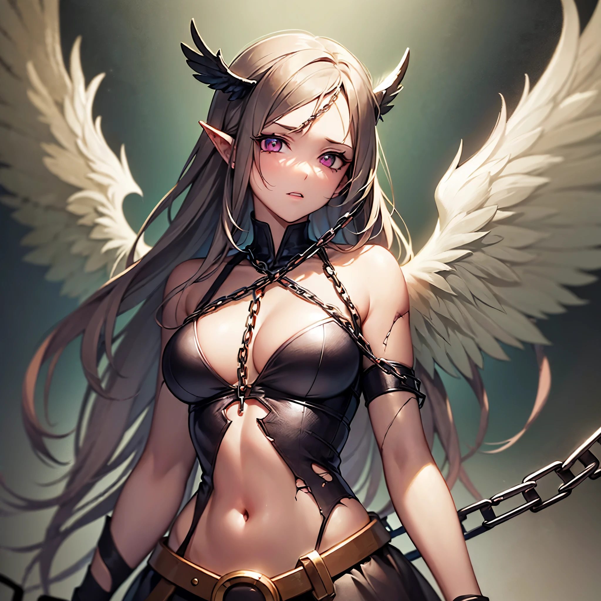 ((highest quality)),(ultra high resolution),(Super detailed),(detailed description),((best CG)),(best work of art),super precision art,great drawing art,(Fantasy art with precise details:1.5), (1 Female Angel:1.6),beautiful and well-shaped face:1.6 sadness:1.4,messy hair:1.5,torn clothes:1.7,(damaged angel wings:1.5),(Chains that wrap around the body:1.6), Dimly lit:1.3