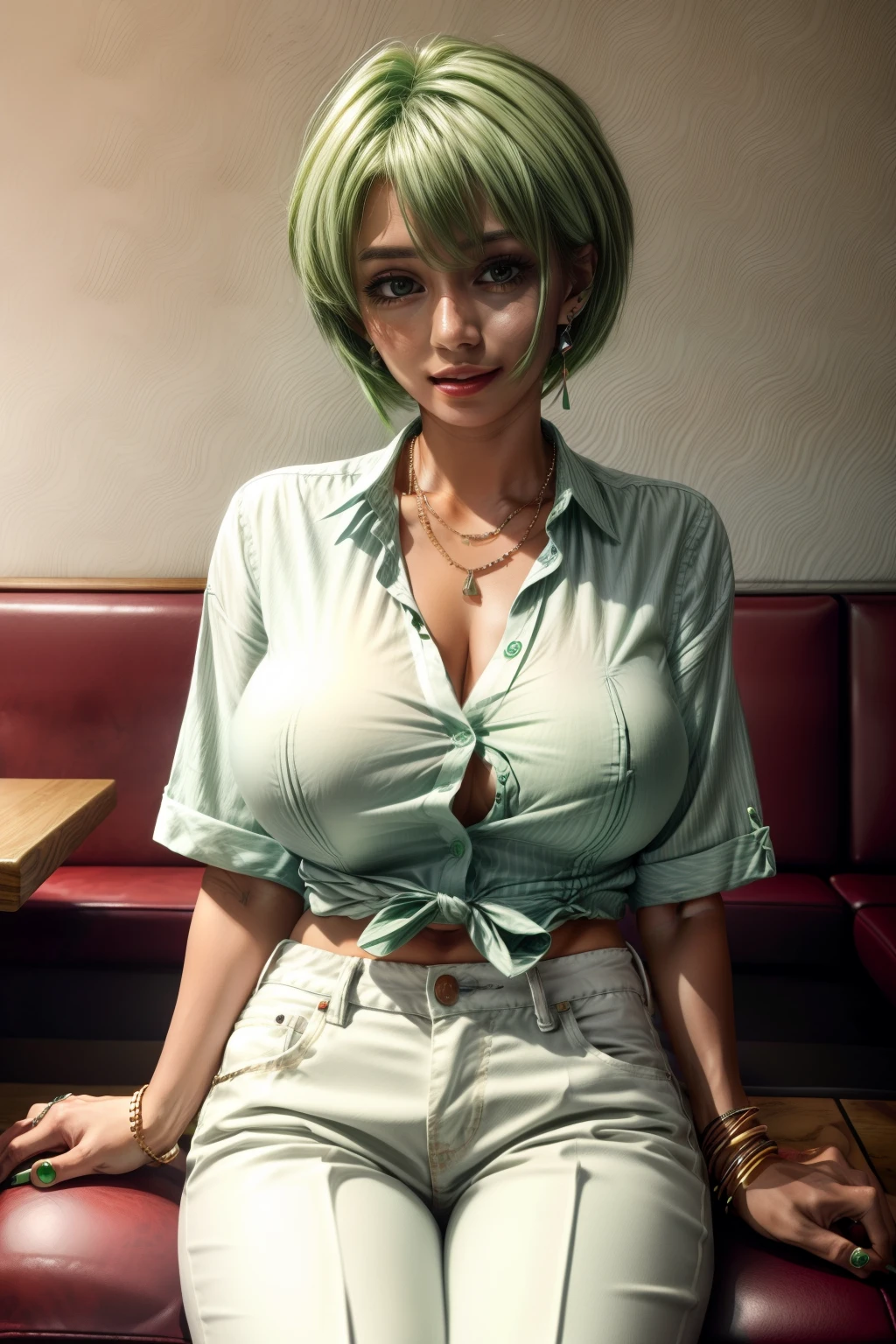 Frederica Greenhill, 25 years old, shortcut, green hair, wearing a white casual shirts and pants fashion at a casual restaurant, sitting on chair , earrings, necklace, ring, bracelet, giga_busty