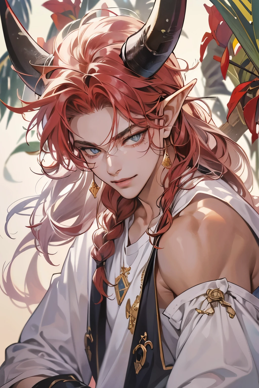 (table top, digital art, digital illustration, 4K, 8K, super detailed, beautiful images, clear image, realistic, RAW photo, perfect face, perfect lines, perfect eyes, soft lighting) 1 male human, (Red hair、long hair、amber eyes,messy hair、Bullish look,Smile confidently、Demons、Two black horns grow from its head.、Pointed elf-like ears、32 years old:1.3),ハンサムなmale性, (White t-shirt with dowel dowel、vest、muscular、Thin macho,Firm shoulder width, male:1.2),Sit on a throne with your legs crossed、The king、Demon King、hair fluttering in the wind、Sunburned healthy skin、desert oasis、braided hair
