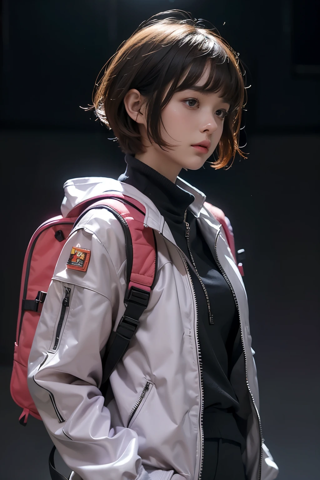 (front view:1.4), close-up portrait, (1girl:1.5), solo, spacesuit, bangs, brown(short hair:1.2), bag, blurry_background, purple neon light, backpack, zipper, urban techwear, outfit