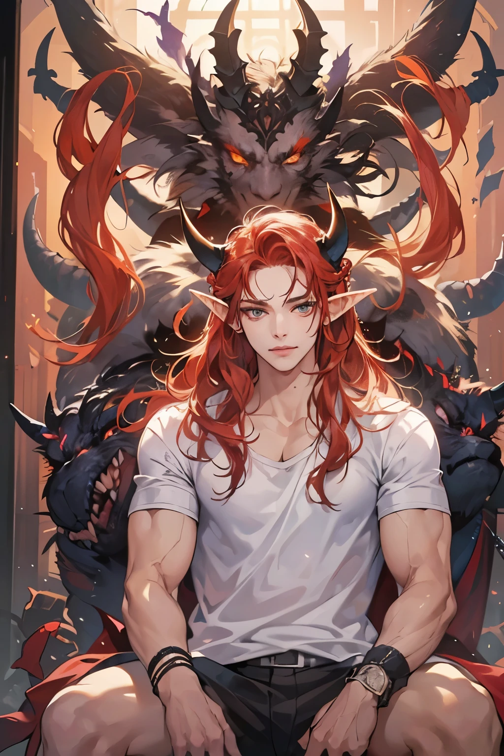 (table top, digital art, digital illustration, 4K, 8K, super detailed, beautiful images, clear image, realistic, RAW photo, perfect face, perfect lines, perfect eyes, soft lighting) 1 male human, (Red hair、long hair、amber eyes,messy hair、Bullish look,Smile confidently、Demons、Two black horns grow from its head.、Pointed elf-like ears、32 years old:1.3),ハンサムなmale性, (White t-shirt with dowel dowel、vest、muscular、Thin macho,Firm shoulder width, male:1.2),Sit on a throne with your legs crossed、The king、Demon King、hair fluttering in the wind、Sunburned healthy skin、desert oasis、braided hair