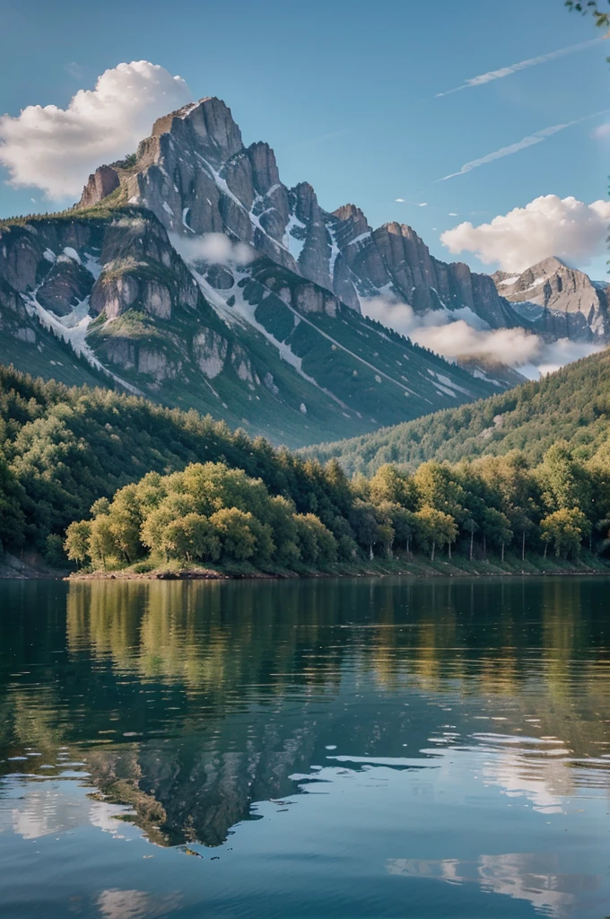 Painting of a mountain lake, in the foreground there is calm and clear water, which, like glass, reflects the surrounding mountains. Its surface gently sways with a light breeze, creating playful waves on the surface. The lake water has a bluish tint, which contrasts pleasantly with the greenery of the forest and rocks of the opposite shore. Mountains rise against the background of the lake, bathed in bright sunlight. Mountain peaks frame the sky, which is covered with delicate white clouds, resembling flakes of fluff. The mountains are covered with lush greenery, consisting of various types of trees and shrubs, which create a bright and dense pattern. The sky above the mountains and lake blooms into the golden and orange hues of the evening sun. The sun&#39;s rays penetrate through thick clouds, creating a play of light and shadow on the surface of the lake, as well as enhancing the contrast and brightness of the surrounding landscape. Mystical landscape, like in a fairy tale world. Animals and birds rest peacefully on the shore of the lake or soar in the air. 

