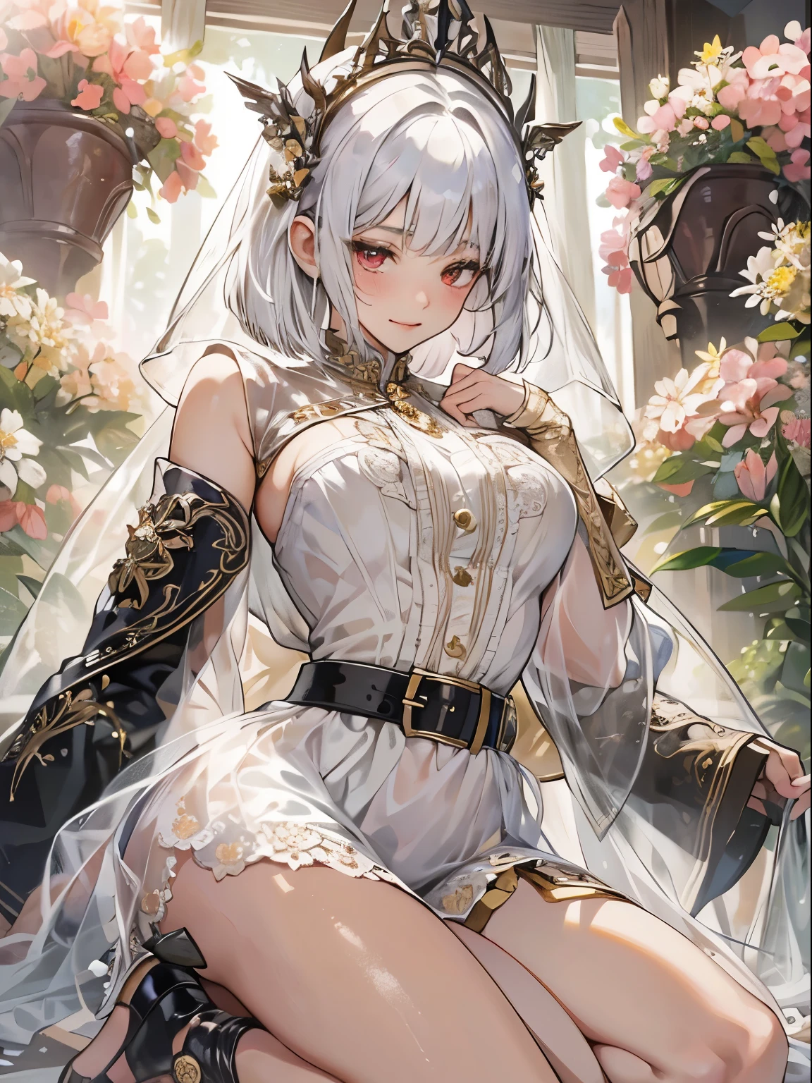 (enrich the image,Masterpiece quality)Beautiful 8K CG artwork,Goddess-like posture,Kneeling exercise,スリムでsoft,(transparent skin,Platinum Brand,bob cut,The skin is fair and juicy:1.3),Outlook part 1.2x enhanced silhouette effect,(white shorts,black knee high boots,Gold thread edging,Loose and obliquely lowered belt,Open tube top with back,The details are intricate and exquisite:1.1),the background is a little blurry,In flowering meadows,Temptation of attractive and voracious feet,drooling,Clothes that show body lines,blush,open your legs wide,attract,Platinum Brand,red eyes,wheezing,Trance,Breasts porori,soft,- Rubbed violently from behind,See through,Plug-ins,innocent smile,Dagger in hand,desert oasis,Marry the King of the Desert,Delicate veil of white lace,canopy bed,squirt,