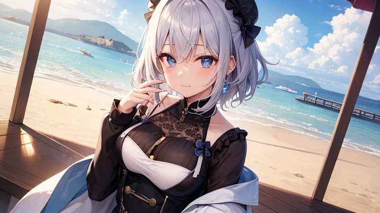 super high quality, with a girl, 20-year-old, very short hair, long bangs between the eyes, gray eyes , blue sky, sunlight, very detailed,(masterpiece、highest quality)、alone、gray hair、laughter、fantasy, silver hair, black eye, beautiful eyes,, ecstasy, charm, be smitten with audience, fantasyな風景、seaside