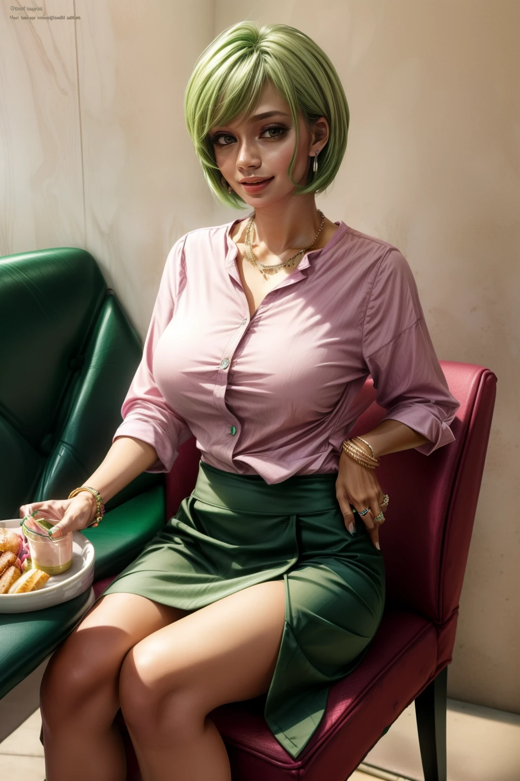 Frederica Greenhill, 25 years old, shortcut, green hair, wearing a white casual shirts and pants fashion at a casual restaurant, sitting on chair , earrings, necklace, ring, bracelet, giga_busty