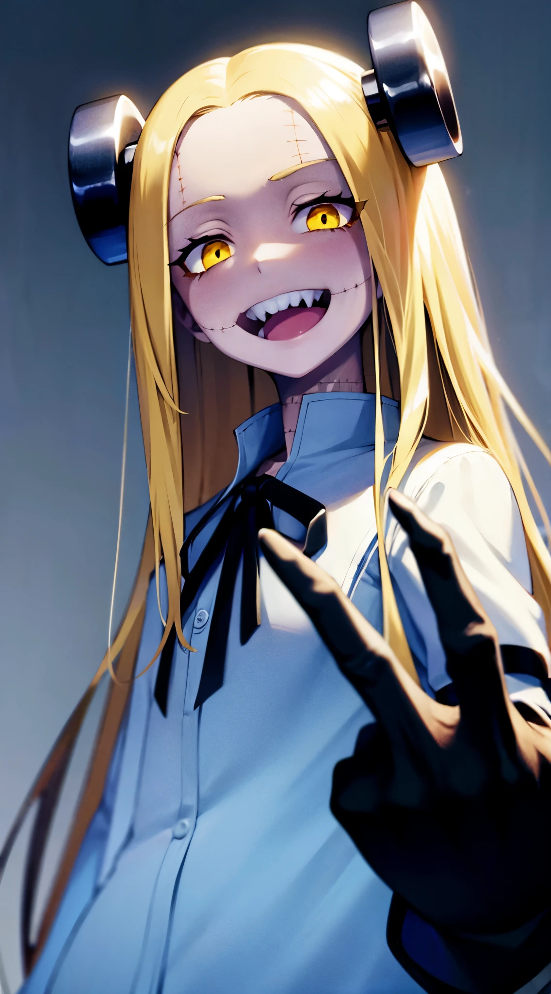 Fran,young woman,white robe ,,((shows middle fingers )),angry, long hair , yellow hair,seams , Scars on the body , (A creepy look) , scary eyes,sharp teeth ,(((creepy smile))) ,