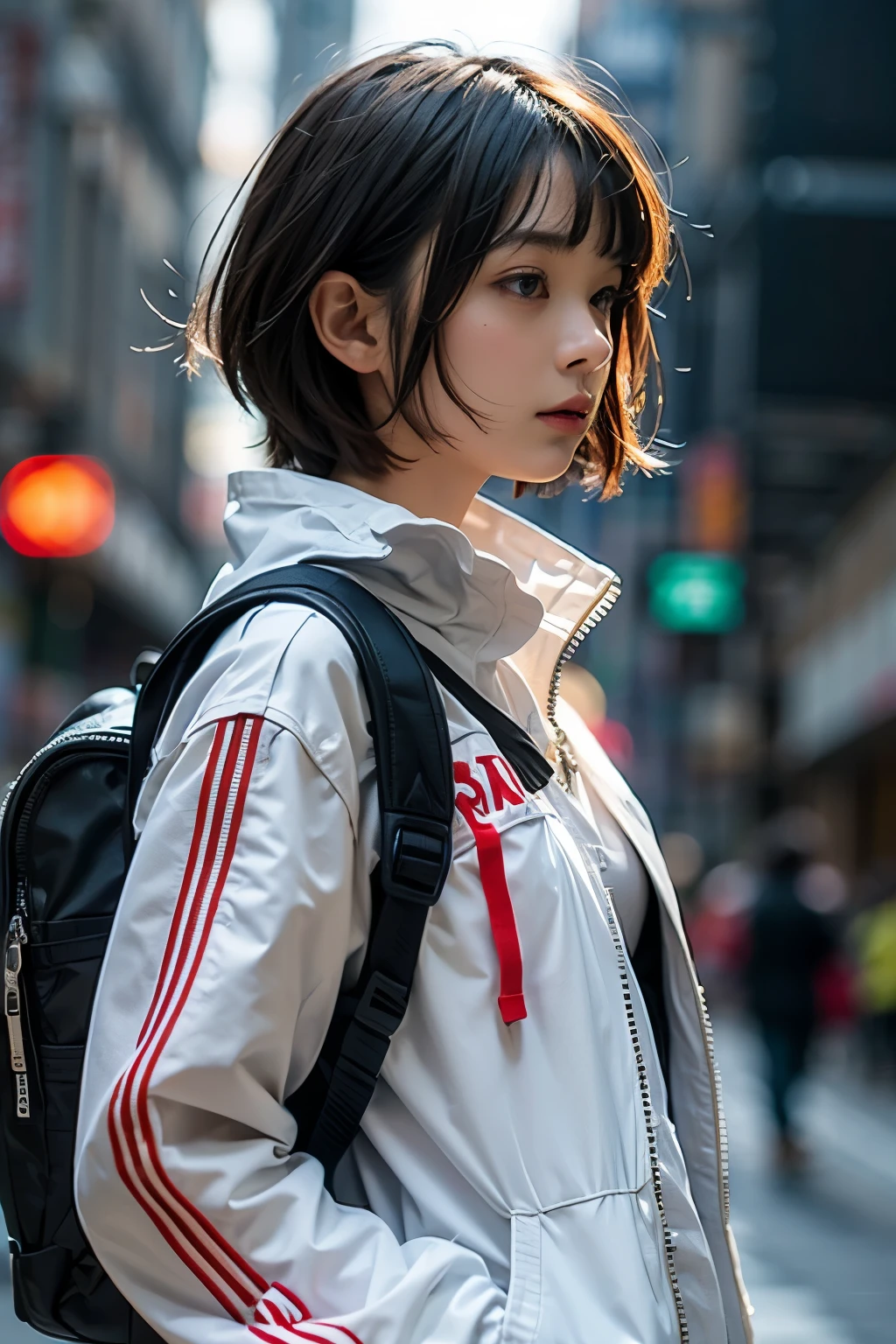 (front view:1.4), close-up portrait, (1girl:1.5), , solo, spacesuit, bangs, brown(short hair:1.2), bag, blurry_background, purple neon light, backpack, zipper, urban techwear, outfit, 