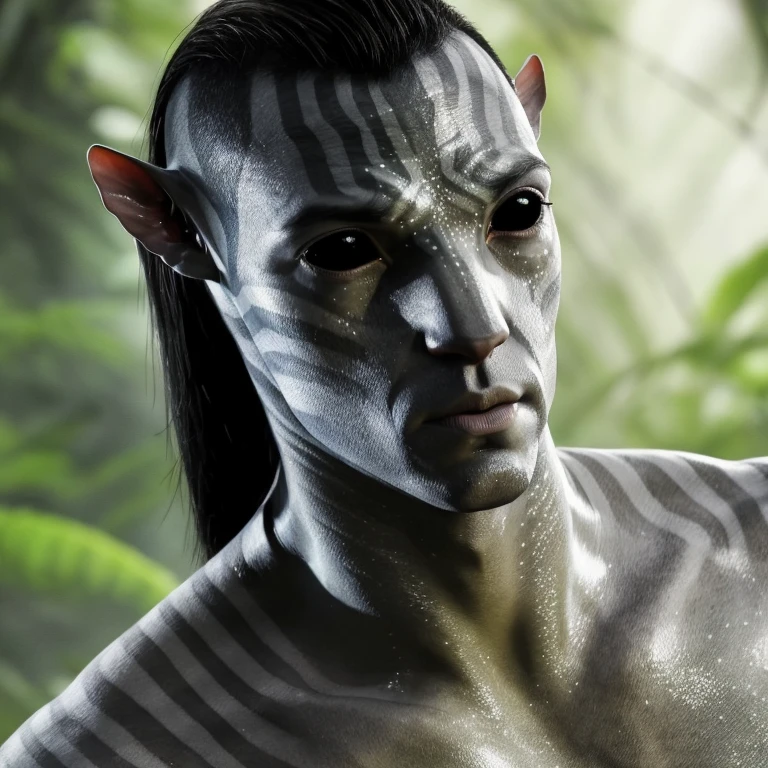 avtr:0.9, avatar style, portrait photo:1.6, man, male, (asian, indonesian, thai), gray skin color:1.0, (gray skin tone:1.3), mohawk hairstyle, (long hair:1.0), black hair color, adult, (35 years old:1), wearing tribal clothing, wearing a loincloth, detailed eyes, toned body, muscled body:1.5, glowing, ethereal atmosphere, natural lighting, textured skin, otherworldly beauty, mesmerizing photography, (best quality, highres), vivid colors, ultrarealistic, skin details, striped skin, sfw, face close-up, (eyebrowless:1.0), ultradetailed body