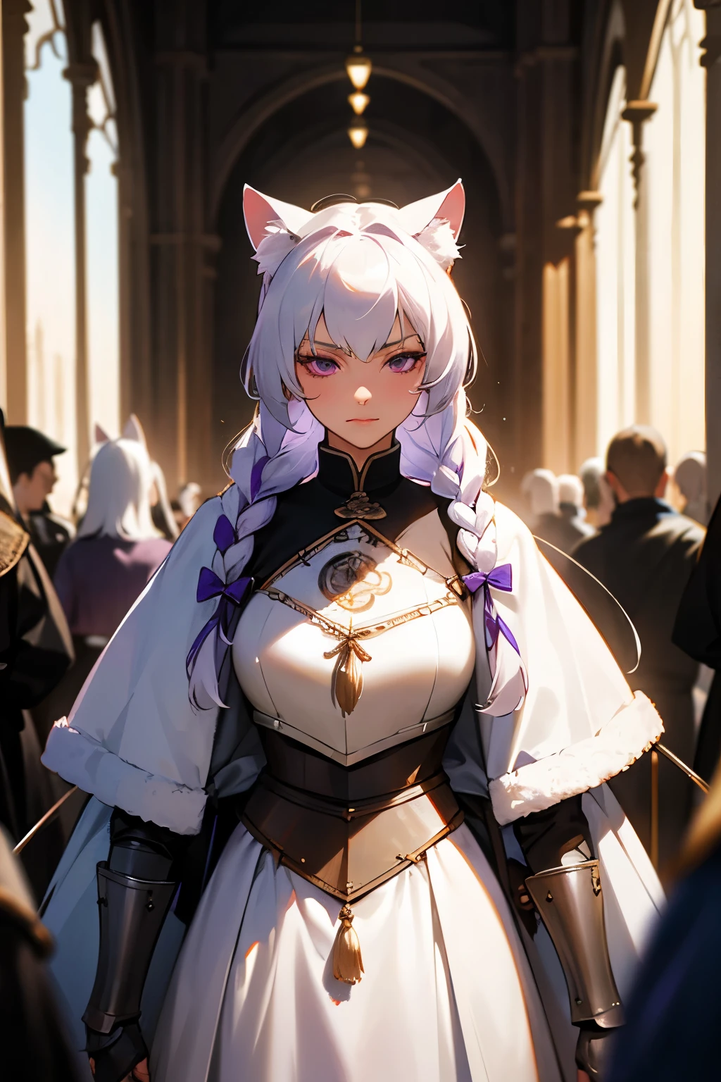 master masterpiece, 4k, highly detailed, woman, mature woman, cat ears, white hair, hair braids, white hair, white fur, dark purple eyes, archer, medieval, armor, medival armor, serious, long bow, bow, Clear focus, slender body, hard lighting,vivd colour.