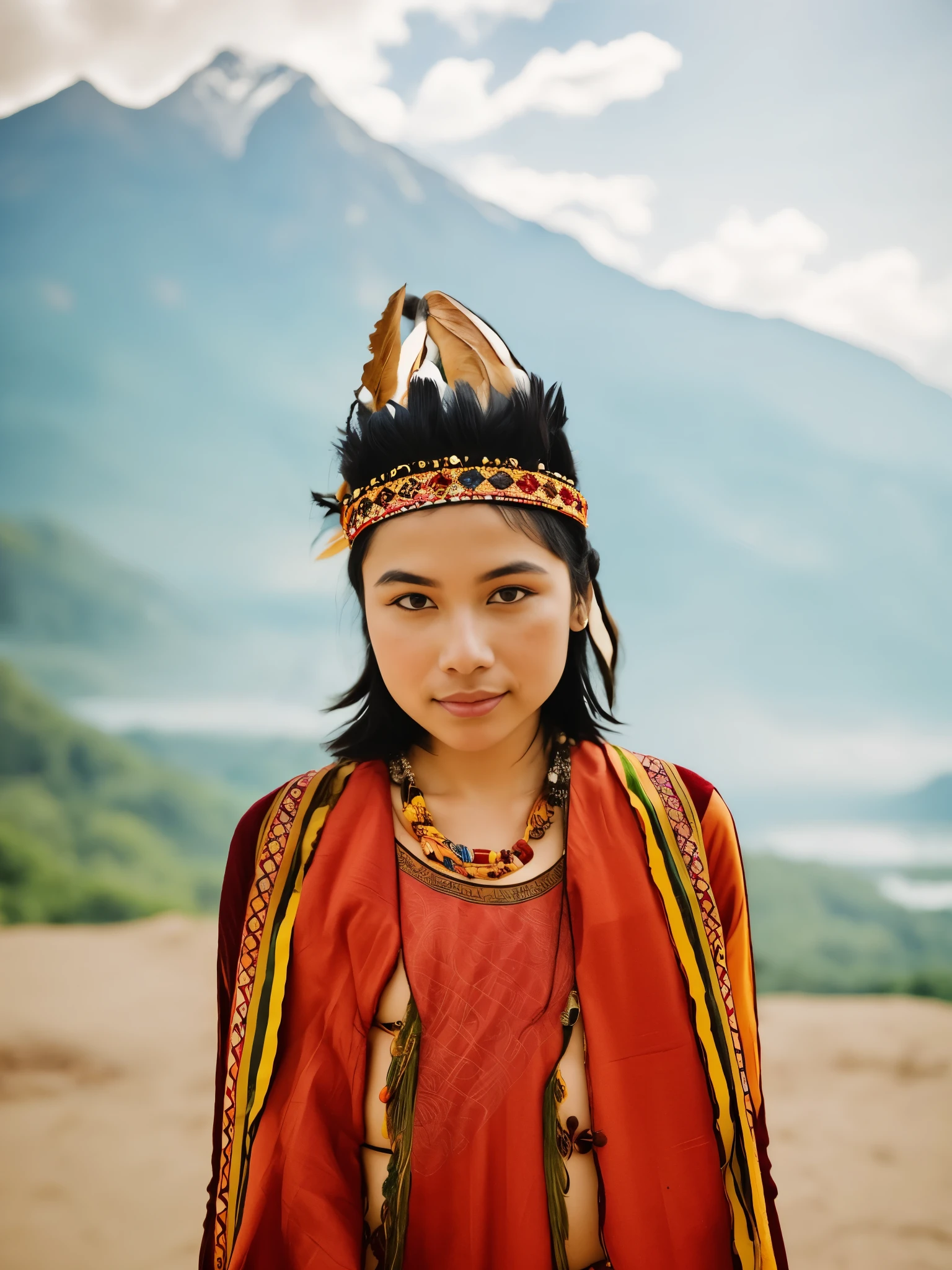 arafed woman wearing a feather headdress and a necklace, a young female shaman, young himalayan woman, she is dressed in shaman clothes, beautiful young himalayan woman, south east asian with round face, traditional dress, wearing authentic attire, portrait of a young pocahontas, a young woman as genghis khan, beautiful young female shaman