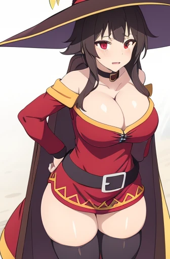 Megumin
Meisterwerk, best quality, fanart, drawing, digital drawing, megumin, kono subarashii sekai ni shukufuku wo!, 1girl, solo, standing, looking at viewer, An exceptionally stunning supermodel standing at 180cm tall,showcasing incredibly ultra long gorgeous legs, hat, witch hat, brown hair, short hair with long locks, red eyes, blush, evil grin, black choker, collarbone, off-shoulder dress, dress, red dress, brown cape, long sleeves, black gloves, fingerless gloves, belt, brown belt, gold trim, zettai ryouiki, skindentation, (asymmetrical legwear:1.4), mismatched legwear, (bandaged leg:1.3), black thighhighs, (arms behind back:1.3), (Huge breasts:1.5), (the pose:1.4),
