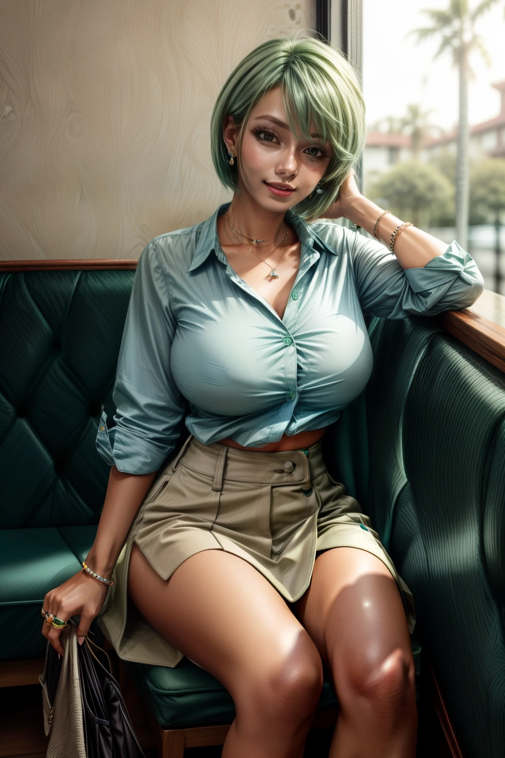 Frederica Greenhill, 25 years old, shortcut, green hair, wearing a light Blue casual shirts and long skirts fashion at a casual restaurant, sitting on chair , earrings, necklace, ring, bracelet, giga_busty
