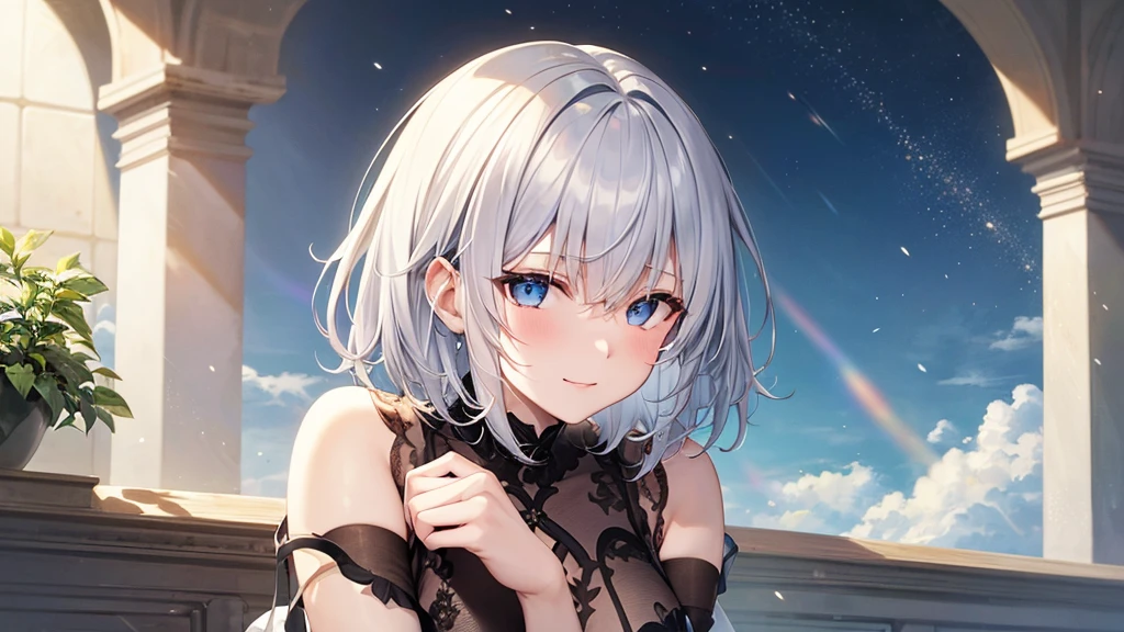 super high quality, with a girl, 20-year-old, very short hair, long bangs between the eyes, pale blue eyes , blue sky, sunlight, very detailed,(masterpiece、highest quality)、alone、gray hair、laughter、White skin as clear as snow、fantasy, silver hair, black eye, beautiful eyes,, ecstasy, charm, be smitten with audience, fantasyな風景、evening