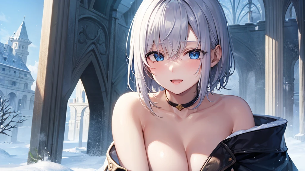 super high quality, with a girl, 20-year-old, very short hair, long bangs between the eyes, pale blue eyes , blue sky, sunlight, very detailed,(masterpiece、highest quality)、alone、gray hair、laughter、White skin as clear as snow、fantasy, silver hair, black eye, beautiful eyes,, ecstasy, charm, be smitten with audience, fantasyな風景、evening