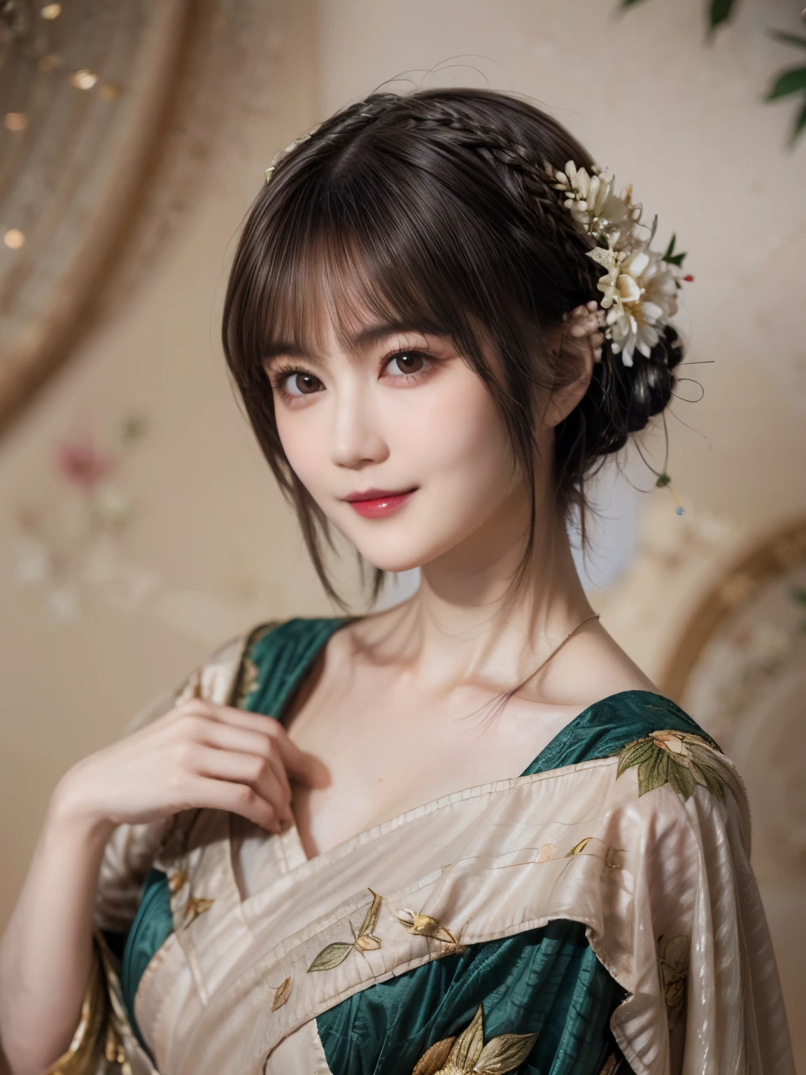 148
(20 year old woman,Floral costume), (surreal), (High resolution), ((beautiful hairstyle 46)), ((short hair:1.46)), (gentle smile), (breasted:1.1), (lipstick)
