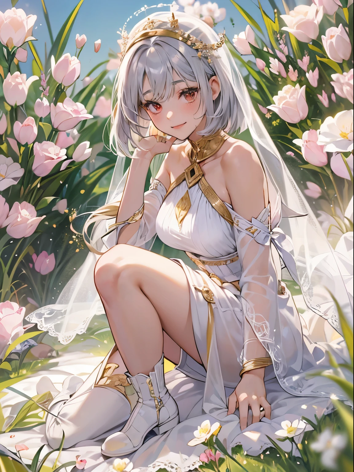 （enrich the image，Masterpiece quality）Beautiful 8K CG artwork，Goddess-like posture，Kneeling exercise，スリムでsoft,(transparent skin,Platinum Brand,bob cut,The skin is fair and juicy:1.3),Outlook part 1.2x enhanced silhouette effect,(white shorts,black knee high boots,Gold thread edging,Loose and obliquely lowered belt,Open tube top with back,The details are intricate and exquisite:1.1),the background is a little blurry,In flowering meadows,Temptation of attractive and voracious feet，drooling,Clothes that show body lines,blush,open your legs wide,attract,Platinum Brand,red eyes,wheezing,Trance,Breasts porori,soft,- Rubbed violently from behind,See through,Plug-ins,innocent smile,Dagger in hand,desert oasis,Marry the King of the Desert,Delicate veil of white lace,canopy bed,squirt,