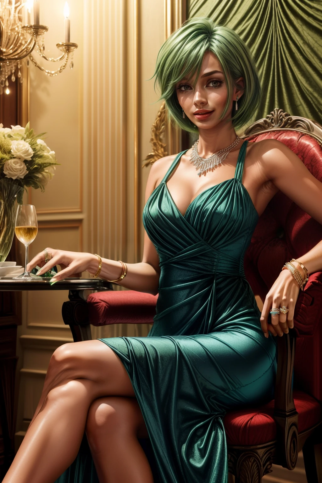 Frederica Greenhill, 25 years old, shortcut, green hair, wearing a red evening dress at a high class restaurant, sitting on chair , earrings, necklace, ring, bracelet, chain belt