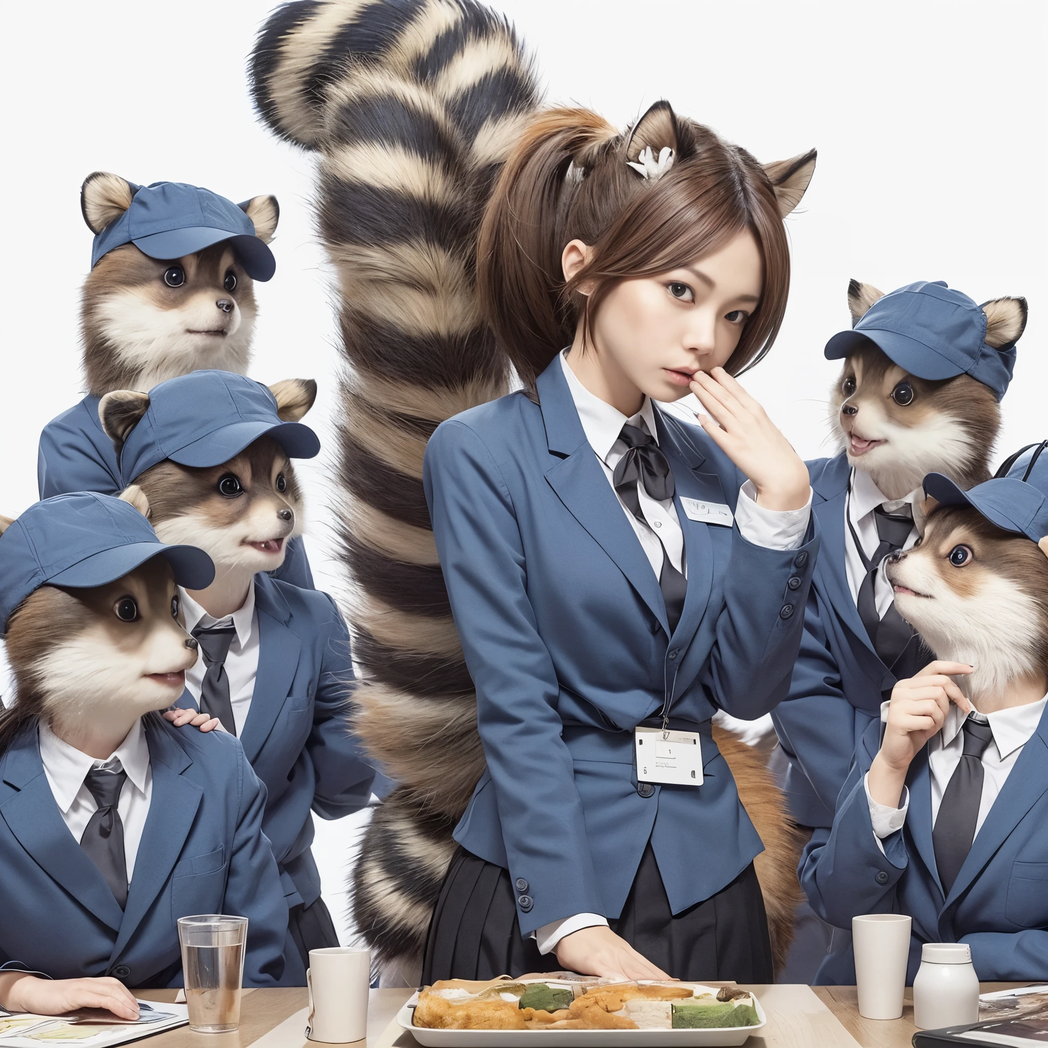 a woman standing in front of a desk with a tanuki tail, (software) safe for work, on pixiv, fur with tail, software version, coworkers, realistic style, , realistic style , two beautiful girls, photograph, 最high quality, (Her skirt is flipped up and her tail is visible.:1.8) ,Reality, small breasts, slender, white panties,tail from above panties, Tail from inside the skirt, bushy tail, realistic tail, flat chest, (software) safe for work, nffsw, retina, muste piece, Accurate, anatomically correct, super detail, advanced details, high quality, 最high quality, High resolution, 1080p, 4k, 8K, The tail is sticking out from inside the skirt, long tail