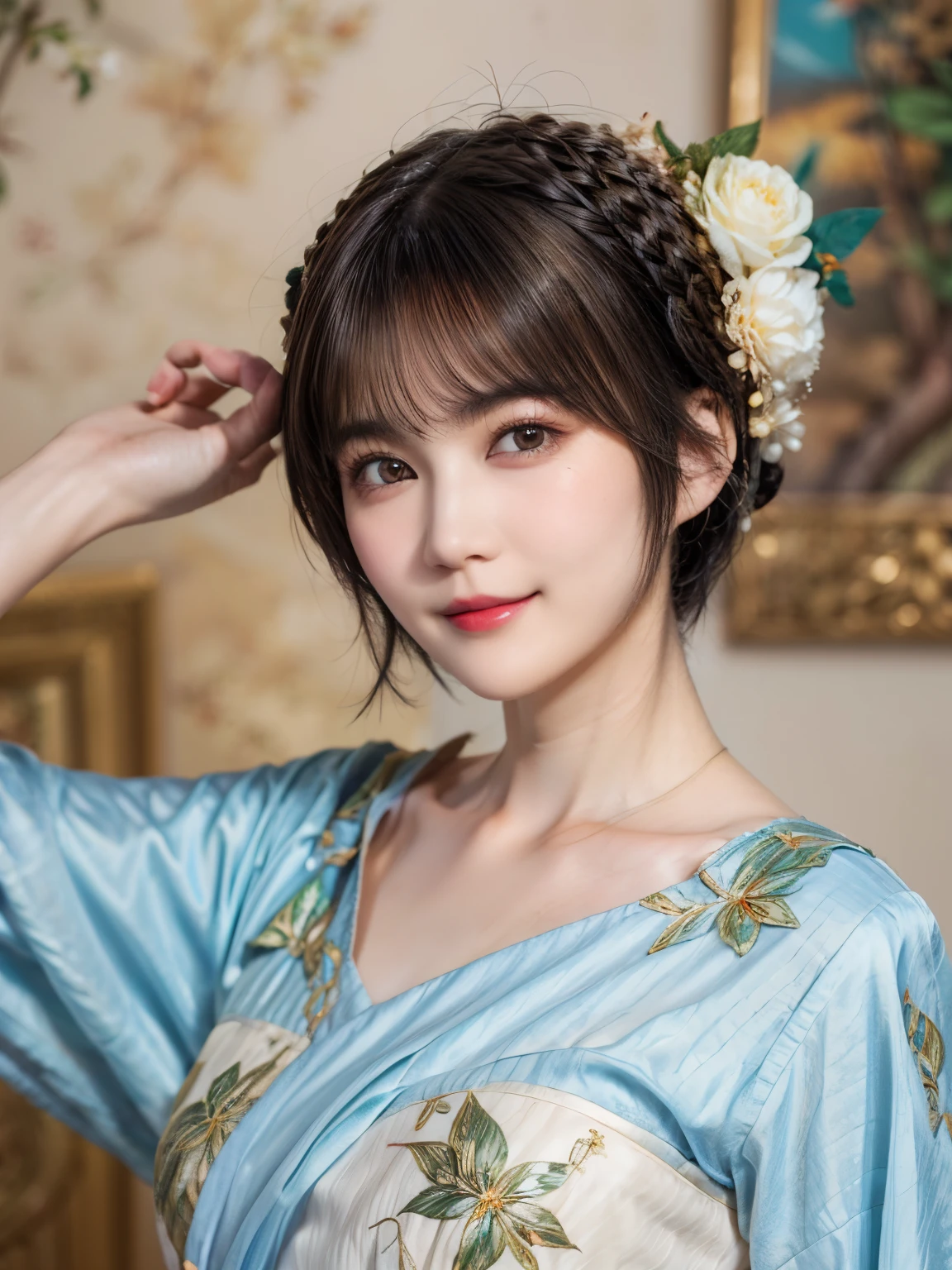 148
(20 year old woman,Floral costume), (surreal), (High resolution), ((beautiful hairstyle 46)), ((short hair:1.46)), (gentle smile), (breasted:1.1), (lipstick)