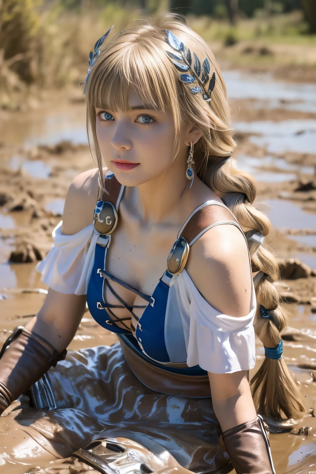 Dirty Sophitia,dirty sophitia,upper body up,close up of face,Sophitia with a pained expression on her face,Sophitia frowns.,surreal写真, 泥にdirty sophitia, open your mouth, bright red lipstick, Mud flows thickly over my body, high heels covered in mud, choker with mud, muddy decollete, There&#39;s mud on my face, Muddy face, 18 year old woman covered in mud,､ Underbust corset with mud splash, muddy white fishnet tights, hair covered in mud, muddy corset,  medium chest size, long legs,, Natural skin texture with plenty of mud, 4K texture,  outdoor atmosphere, surreal,Sophitia covered in mud,Sophitia covered in mud､blonde dirty hair,blonde long hair,Braid,blue eyes,jewelry,arm,cleavage,sword,armor,shield,earrings,single Braid,belt,covered nipples,armored ドレス,hair ornaments,holding arm,Very long blonde hair,lips,bare shoulders,bangs,gloves,hair ribbon,necklace,skirt,clavicle,feather,revealing clothes,bangle,elbow gloves,greek clothing,Braided ponytail,High resolution, scenery,masterpiece,very dirty clothes,dirty smell,lie on your back in the mud,swim in the mud,fall into the mud