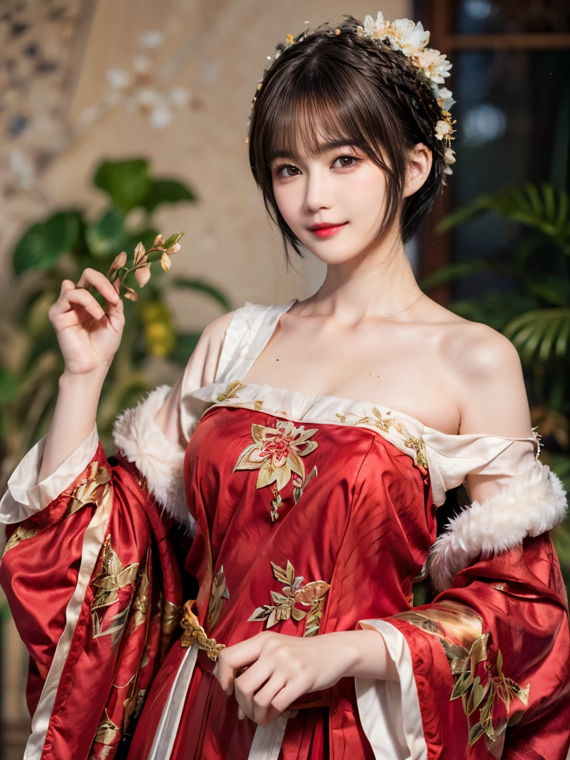 148
(20 year old woman,Floral costume), (surreal), (High resolution), ((beautiful hairstyle 46)), ((short hair:1.46)), (gentle smile), (breasted:1.1), (lipstick)