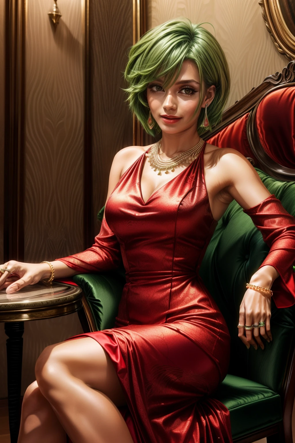 Frederica Greenhill, 25 years old, shortcut, green hair, wearing a silver long evening dress at a high class restaurant, sitting on chair , earrings, necklace, ring, bracelet,
