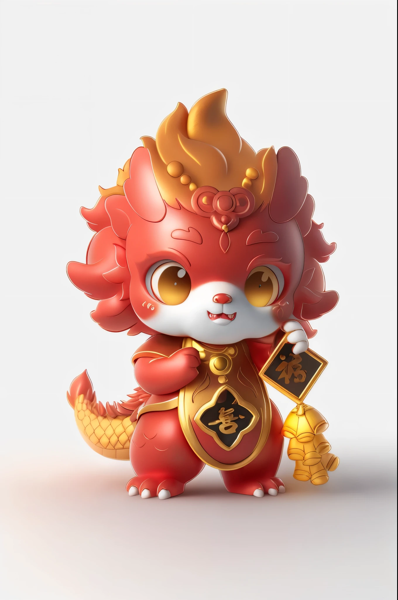 A cute Chinese dragon,Red and gold,Chinese style cartoon IP,Simple sculptural style,Vray renderer,Figures,advanced color system,with a pure white background,HD picture,full bodyesbian,4K