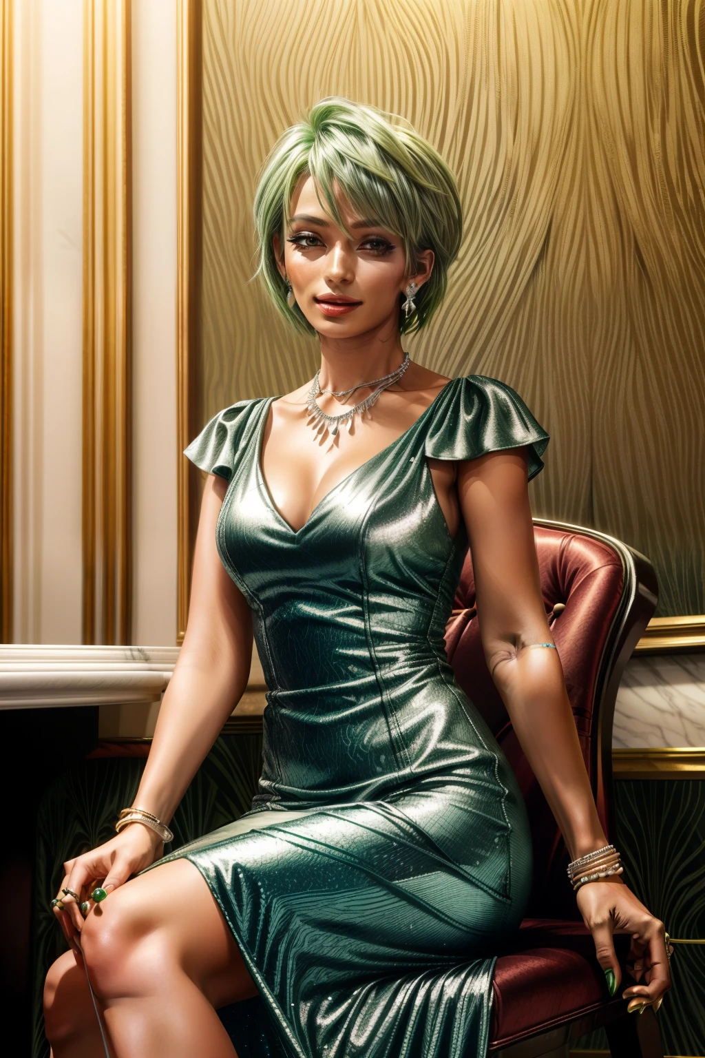 Frederica Greenhill, 25 years old, shortcut, green hair, wearing a silver long evening dress at a high class restaurant, sitting on chair , earrings, necklace, ring, bracelet,