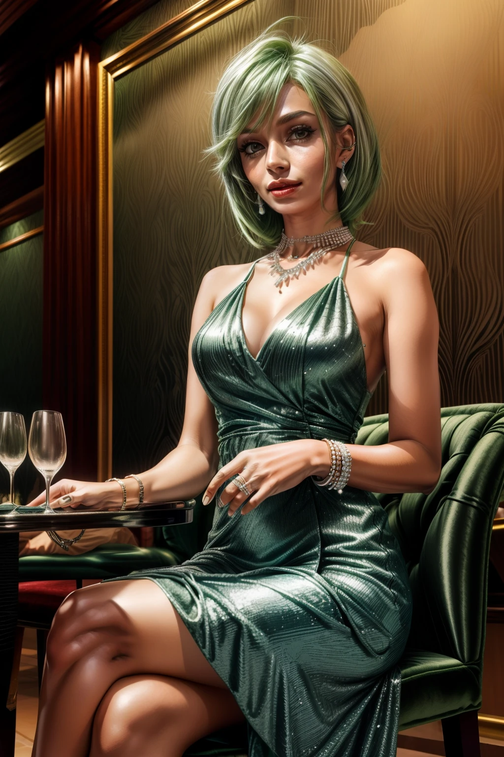 Frederica Greenhill, 25 years old, shortcut, green hair, wearing a silver long evening dress at a high class restaurant, sitting on chair , earrings, necklace, ring, bracelet,