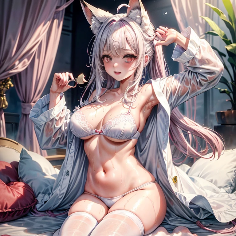 masterpiece、top-quality、1girl in。(bathrobe:1.2), white hair,Red Eyes,(mare:0.8), (Fantastical:0.7), (A smile:0.8),fox ear,salon,wear bra, wear dress , wet clothes,wet hanging,salon, perfect body, perfect breast,((blush on: 1.2)),((fox-tails:1)), perfect big fox-tails, crop top, ((white legwear)),hair bobbles, tights, recumbent on the bed, hot, girl below, looking up,(( Wear dress)), white suit,((wet:1.3)), neckline, navel, t-shirt, ((bra)), clothes lift, tights, perfect face,((peeing:1.4)),wear pantie, (heart-shaped pupil:1.4),