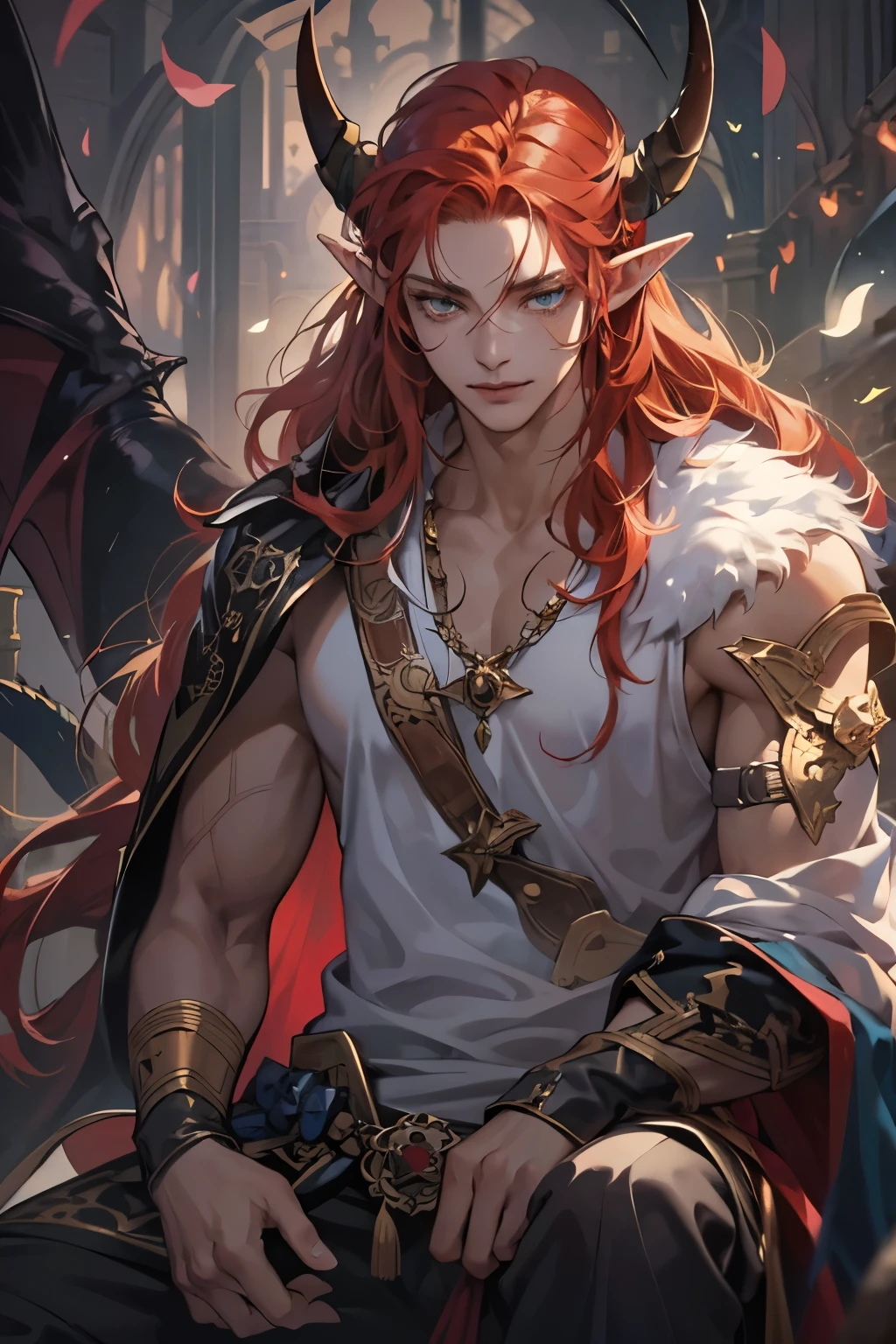 (table top, digital art, digital illustration, 4K, 8K, super detailed, beautiful images, clear image, realistic, RAW photo, perfect face, perfect lines, perfect eyes, soft lighting) 1 male human, (Red hair、long hair、amber eyes,messy hair、Bullish look,Smile confidently、Demons、Two black horns grow from its head.、Pointed elf-like ears、32 years old:1.3),ハンサムなmale性, (White t-shirt with dowel dowel、vest、muscular、Thin macho,Firm shoulder width, male:1.2),Sit on a throne with your legs crossed、The king、Demon King、hair fluttering in the wind、Sunburned healthy skin、desert oasis、