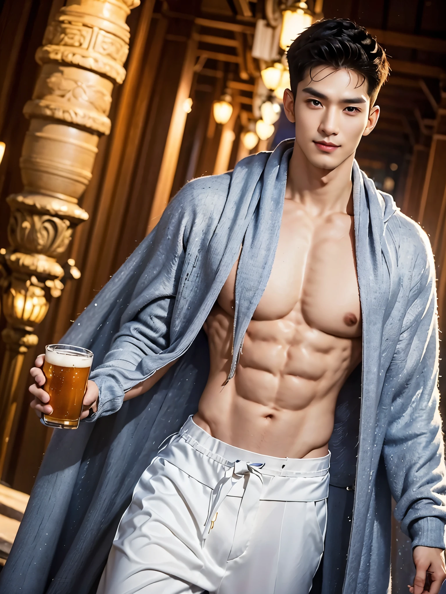 （male character design），（Melancholic handsome Chinese man Pan An is drinking beer：1.37），（Pan An wears modern and fashionable men&#39;s black sweater suit pants：1.37），Pan An’s skin is fair and flawless，The bridge of his nose is high and straight，(long,Messy shawl hair：1.1），（double eyelids, Bright Eyes, Big clear and bright eyes），sad prince，Food with red lips and white teeth，gentle melancholy，Pan An is tall and tall.，He has a strong physique，Toned muscles，Fresh and toned abs, His exquisite facial features，Kingly style， messy black hair,Wind magic, background：Night view of the city highway，snow