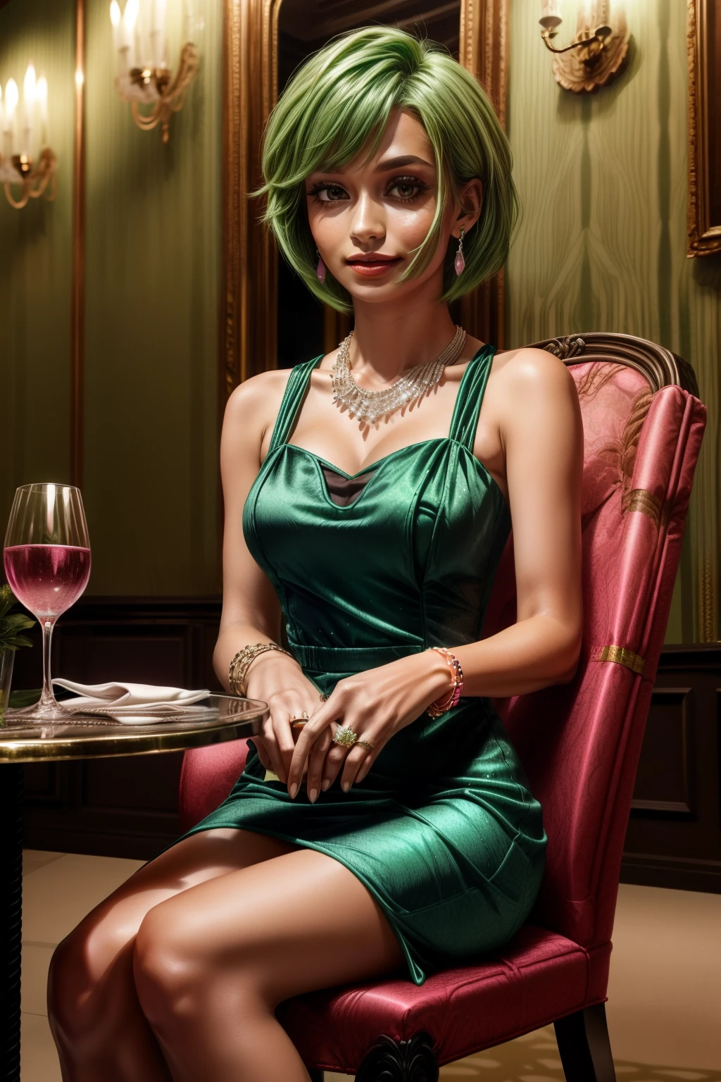 Frederica Greenhill, 25 years old, shortcut, green hair, wearing a pink long evening dress at a high class restaurant, sitting on chair , earrings, necklace, ring, bracelet,