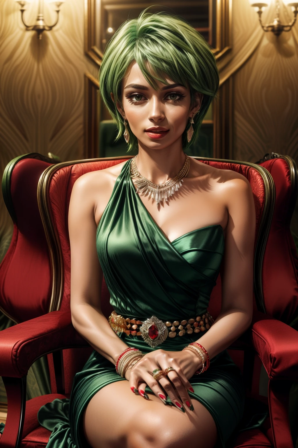 Frederica Greenhill, 25 years old, shortcut, green hair, wearing a red evening dress at a high class restaurant, sitting on chair , earrings, necklace, ring, bracelet, chain belt