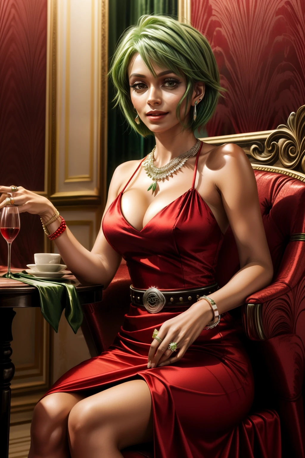Frederica Greenhill, 25 years old, shortcut, green hair, wearing a red evening dress at a high class restaurant, sitting on chair , earrings, necklace, ring, bracelet, chain belt
