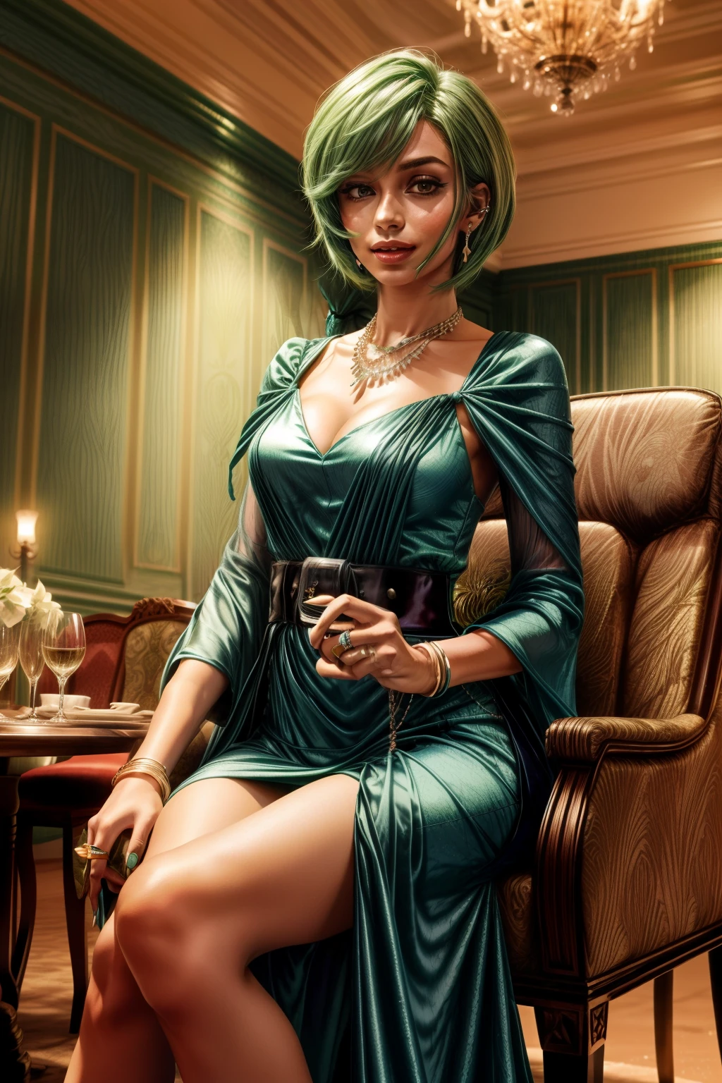 Frederica Greenhill, 25 years old, shortcut, green hair, wearing a Blue evening dress at a high class restaurant, sitting on chair , earrings, necklace, ring, bracelet, chain belt