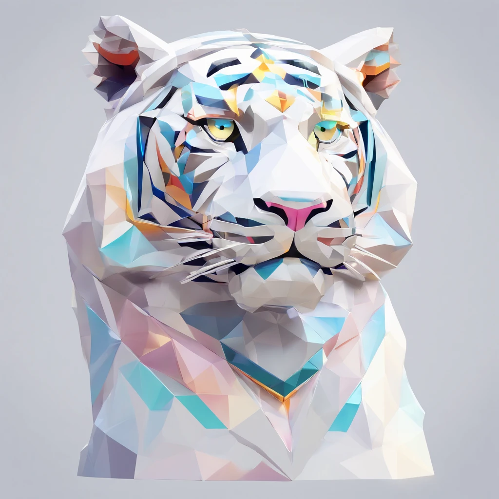 Perfect alignment，White tiger creatures、Crystal style, 发光, Standing position, Abstract beauty, Centered, Looking at the camera, Facing the camera, flawless、Dynamic、 Highly detailed, sleeoing, 8K High Resolution, Illustration,, White background、Geometric art、Tints like stained glass、Brightly colored ores and crystals grow from the back、Lineart-ish