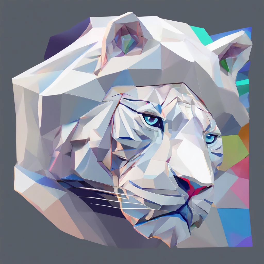 Perfect alignment，White tiger creatures、Crystal style, 发光, Standing position, Abstract beauty, Centered, Looking at the camera, Facing the camera, flawless、Dynamic、 Highly detailed, sleeoing, 8K High Resolution, Illustration,, White background、Geometric art、Tints like stained glass、Brightly colored ores and crystals grow from the back、Lineart-ish