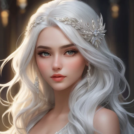 beautiful girl with long hair, white, diamond inserts, many details, close-up, hyper-detailed