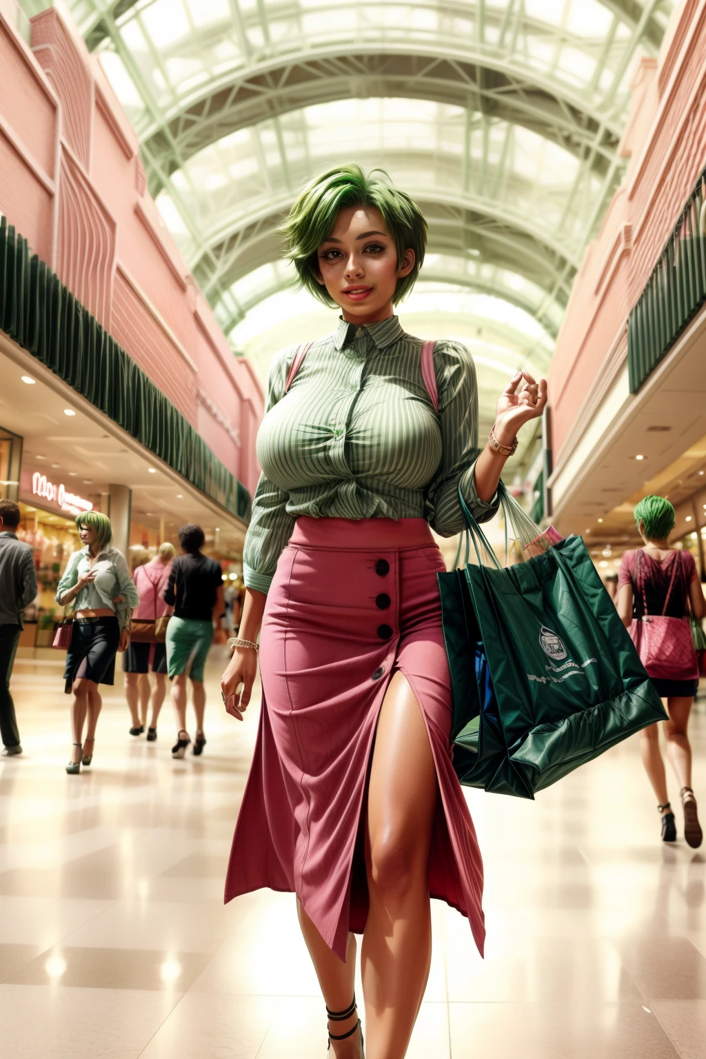 Frederica Greenhill, 25, short cut, green hair, shopping in a mall, Giga_Busty, wears casual pink middle skirt fashion