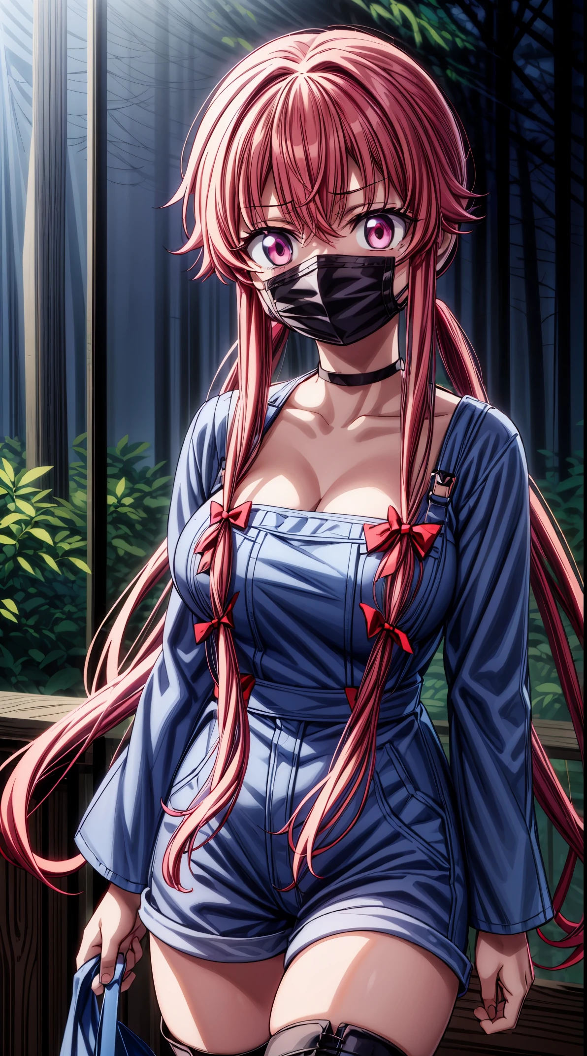 explicit, beautiful, amazing, high quality, detailed background, a woman with large breast in a woods, 1girl, breasts , , , pink hair, large breasts, twintails, long hair, solo focus, mirai nikki, black choker, dark grey overalls, leather gloves, black boots, ((face mask)), red eyes, chasing you through the woods, ((nigth)), crazy, ((crazy eyes)), ((crazy stare)) holding a bloody knife, (fanart of Gasai Yuno), (angry eyes:1.1), (perfect hands:1.4), (masterpiece), best quality, expressive eyes, VHS, ((nigth)), (Parfect Hand:1.3), 4k, 8k, 1980s, from below, (standing over you), wearing a jacket, (Blood:1.1)