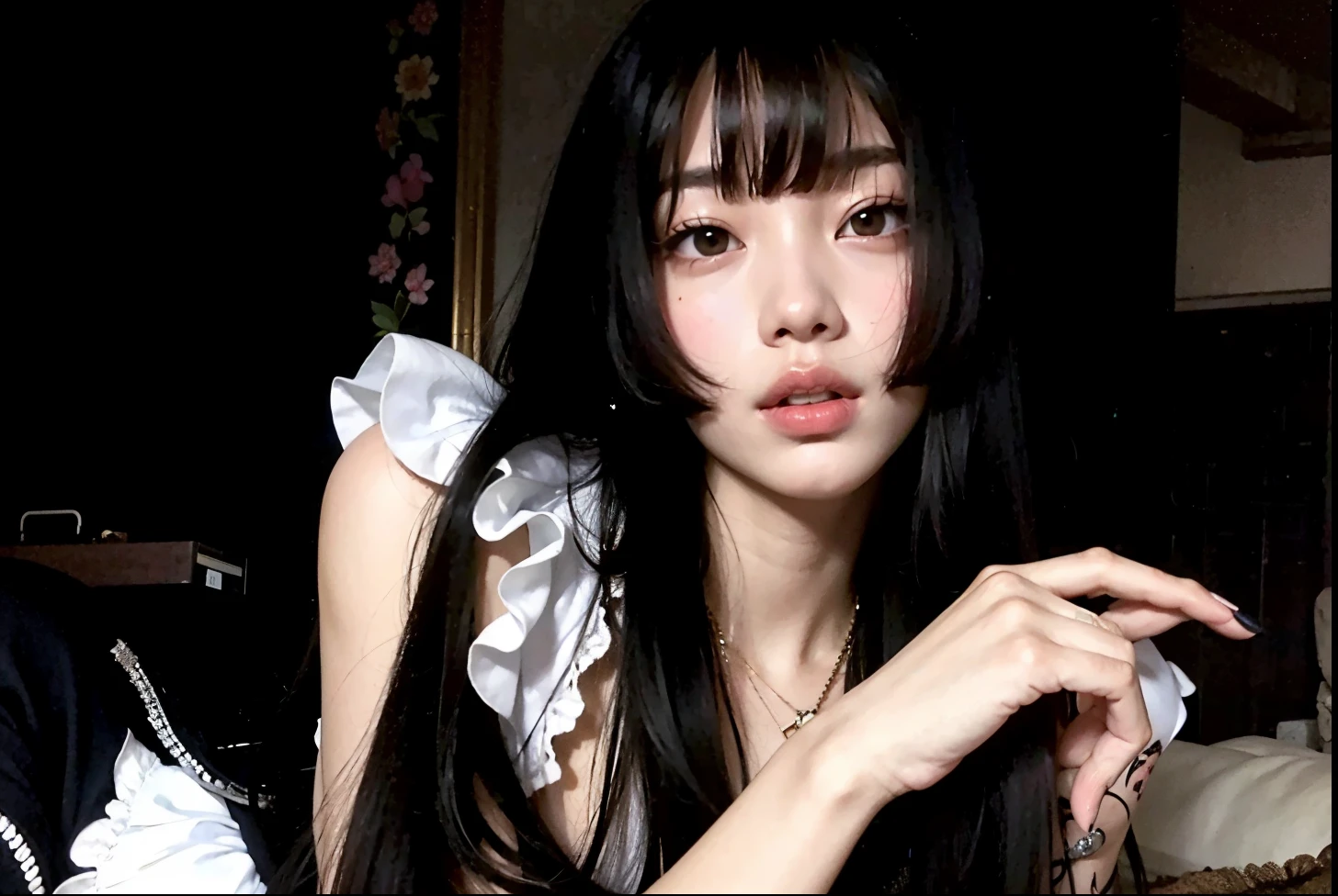 Blackpink Jennie with a tattoo on her chest sitting on a sofa, ela tem cabelo preto com franja, 🤤 retrato de menina, anime vibes, corte de cabelo preto hime, Small heart-shaped face, cruel korean goth girl, Asian girl, garota cara fofa, detailed face of a Asian girl, goth girl aesthetic, franja preta, cabelo arrumado com franja,  jennie blackpink 