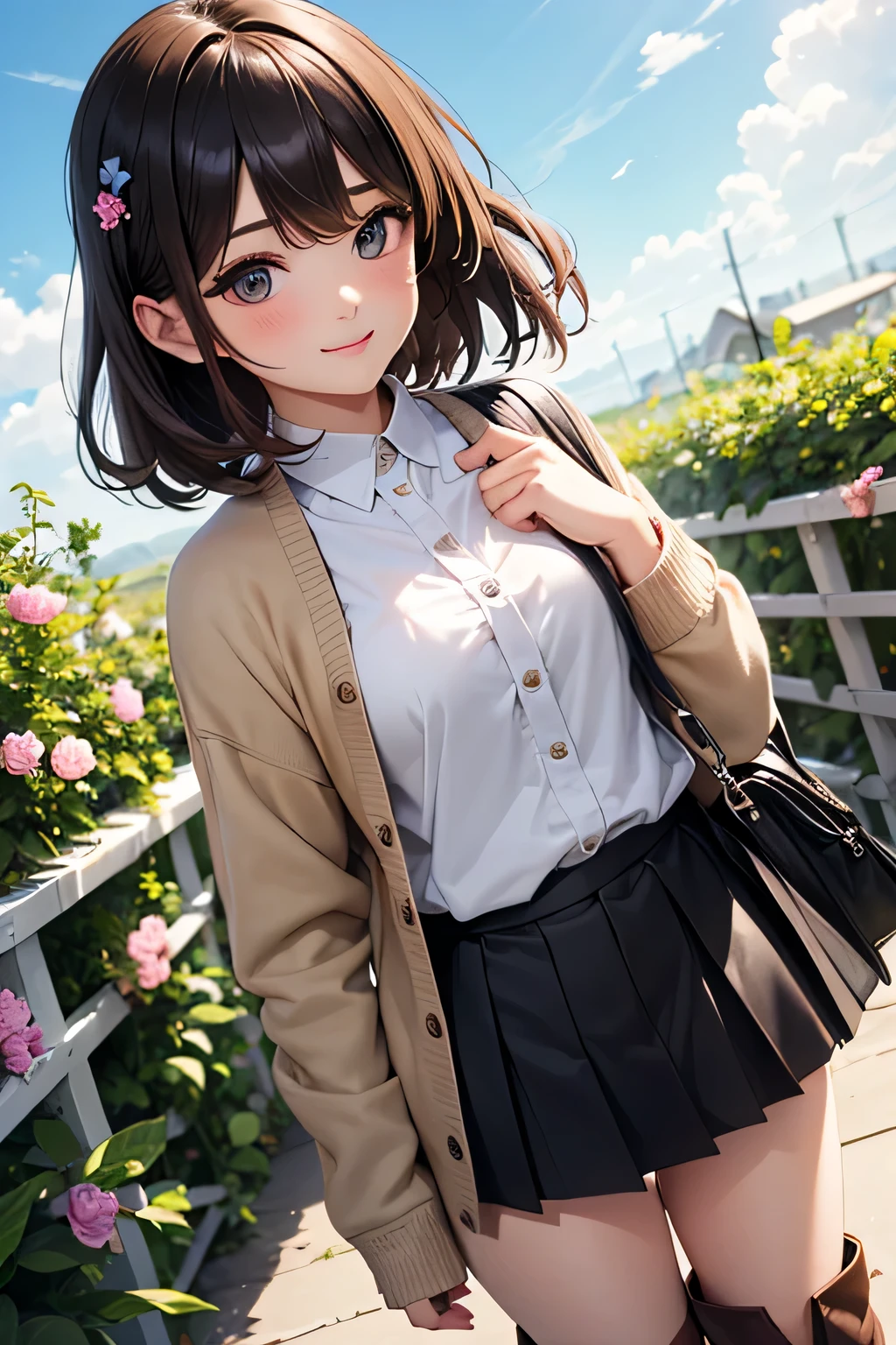 very cute and beautiful girl,Ten generations,(very detailed美しい顔と目:1.2),(white blouse),
(smile),cowboy shot,looking at the viewer,
(beige cardigan:1.2) BREAK zettai ryouiki,Brown shoulder bag,(brown boots:1.2),
dynamic pose,dynamic angle,hair ornaments,black hair,(black pleated mini skirt:1.2),white panties,
Are standing,arbor,flower garden,cottage,
(highest quality,masterpiece:1.2),intricate details,very detailed,8K resolution,alone,Natural light,
hair blowing in the wind,beautiful and detailed sky,
