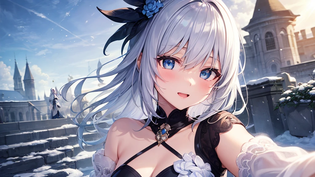 super high quality, with a girl, 20-year-old, very short hair, long bangs between the eyes, pale blue eyes , very detailed,(masterpiece、highest quality)、alone、gray hair、laughter、fantasy, silver hair, black eye, beautiful eyes,, ecstasy, charm, fantasyな風景、